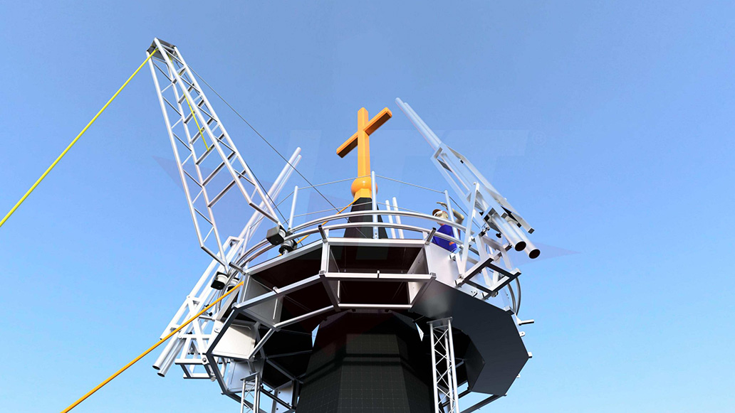 Seilbasierte Baudenkmalpflege - Gerüstlose Turmkreuzsanierung seilkonzept